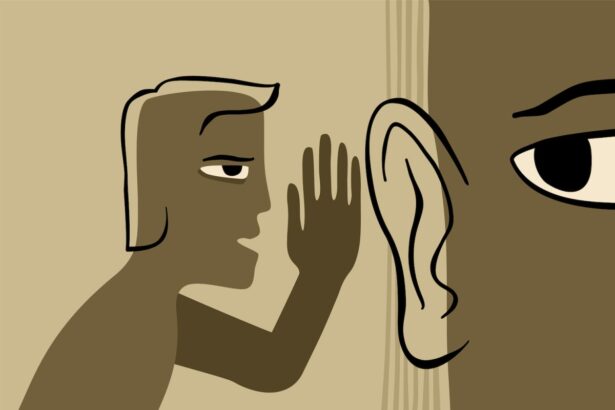 Fake news - abstract drawn person whispers gossip in another persons ear. Vector illustration